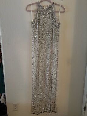 Vintage 90s Beaded Silver Sequin Gown Maxi Dress Glam